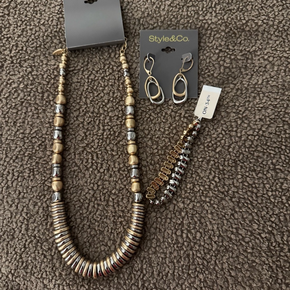 NEW Style and Co Macy's 3 Piece Set Earrings Necklace Bracelet Two Tone